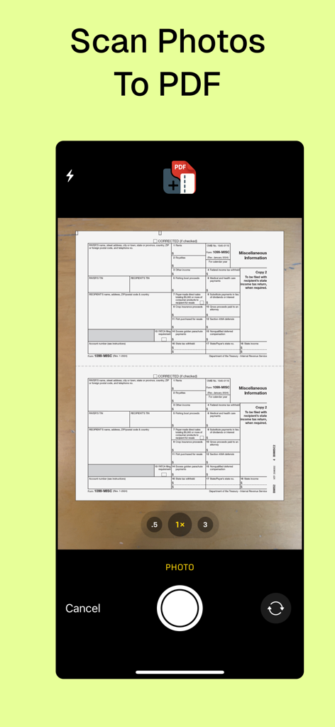 PDF Merge: small pdf converter - A mobile screen showing the document scanning feature to convert photos to PDF.