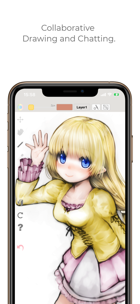MagicalDraw app interface showing a collaborative anime girl drawing and digital art tools