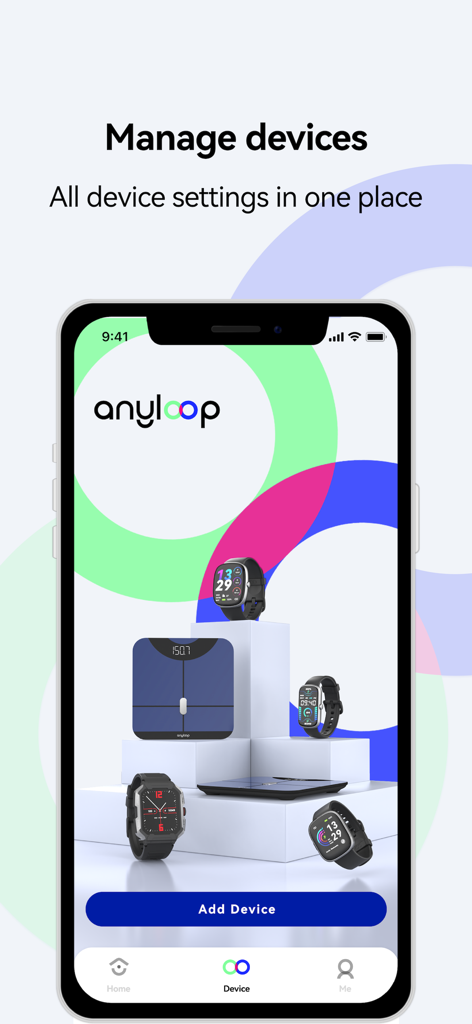 anyloop - The anyloop app device management screen showing compatible smartwatches and smart scales with an Add Device button