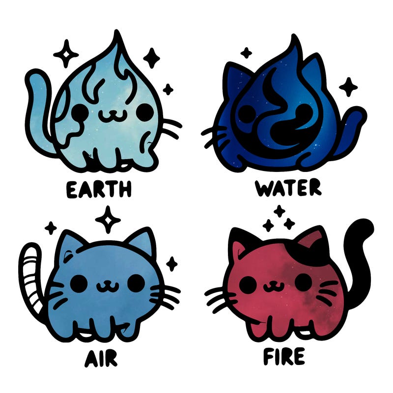 4 cats that represent the different elements, earth, water, air, and fire