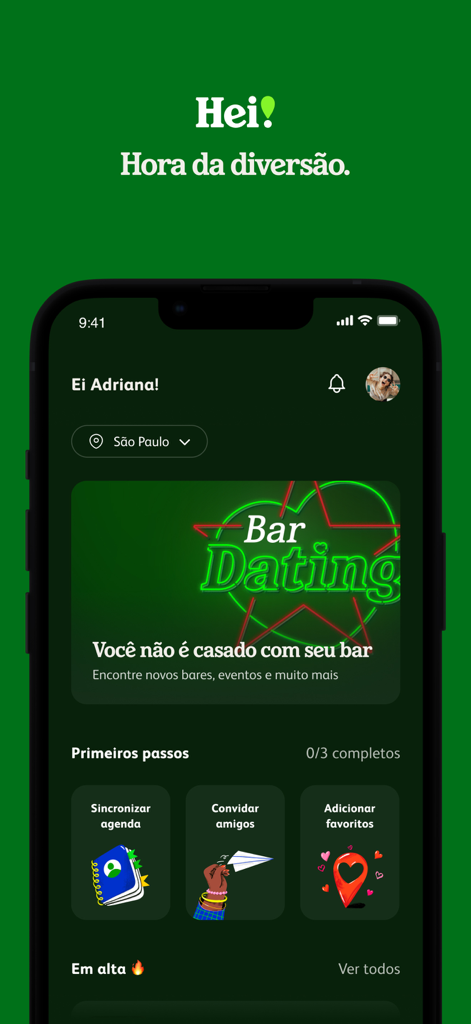 Hei - The home screen of the Hei app showing bar discovery and social planning features.