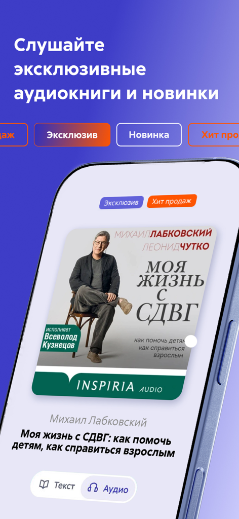 Litres: Audio - Screenshot of the Litres Audio app showing an audiobook cover by Mikhail Labkovsky with options for text and audio in Russian.