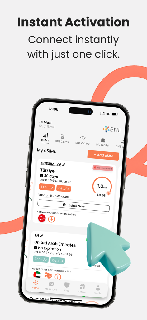 BNESIM: 5G eSIM Data profiles - Application BNESIM sur un iPhone montrant l'activation instantanée de l'eSIM et la gestion des forfaits de données pour les voyages internationaux.