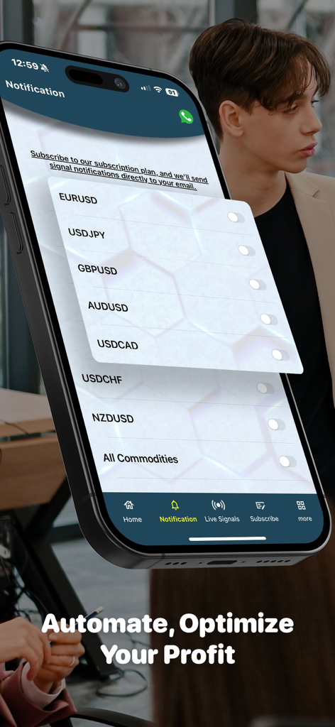 Forex AI Robot - Interfaz de notificaciones de la aplicación Forex AI Robot que muestra opciones de activación para señales de trading de pares de divisas principales y materias primas.