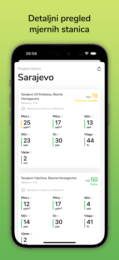 Zrak - Visão detalhada das estações de qualidade do ar em Sarajevo dentro do aplicativo Zrak, mostrando AQI e níveis de poluentes.