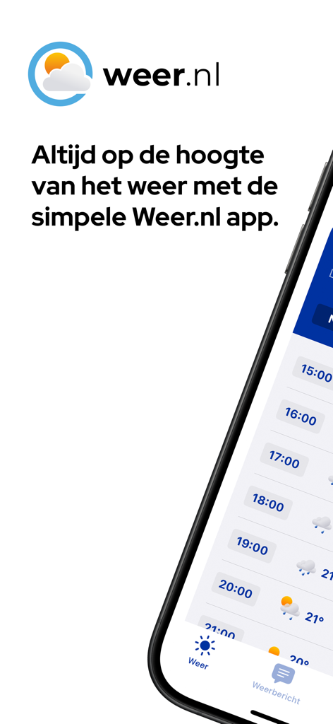 Interfaz de la aplicación meteorológica Weer.nl que muestra previsiones por hora y actualizaciones de temperatura