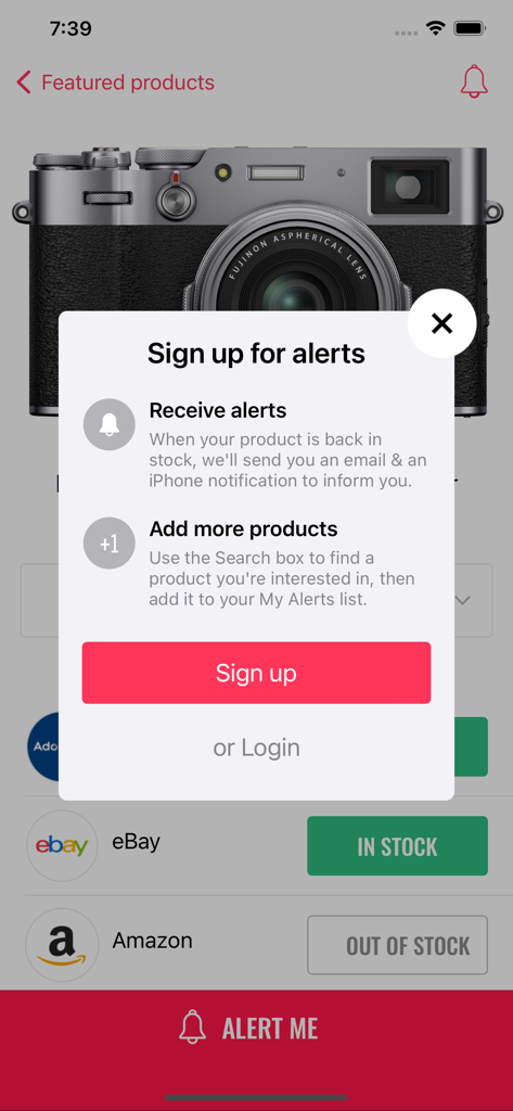 A sign up for alerts pop up window over a camera product page in the HotStock app