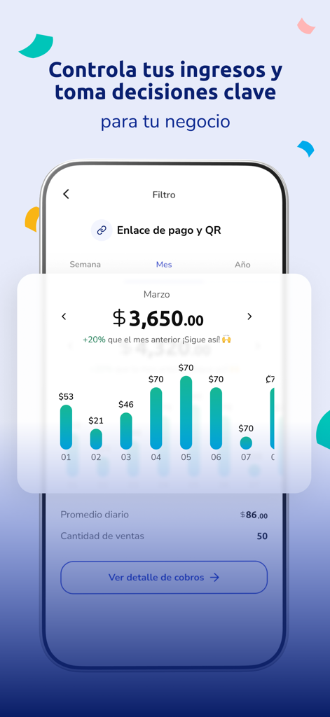 Pantalla de la aplicación móvil Poket que muestra un gráfico de barras de los ingresos comerciales mensuales y las estadísticas de ventas