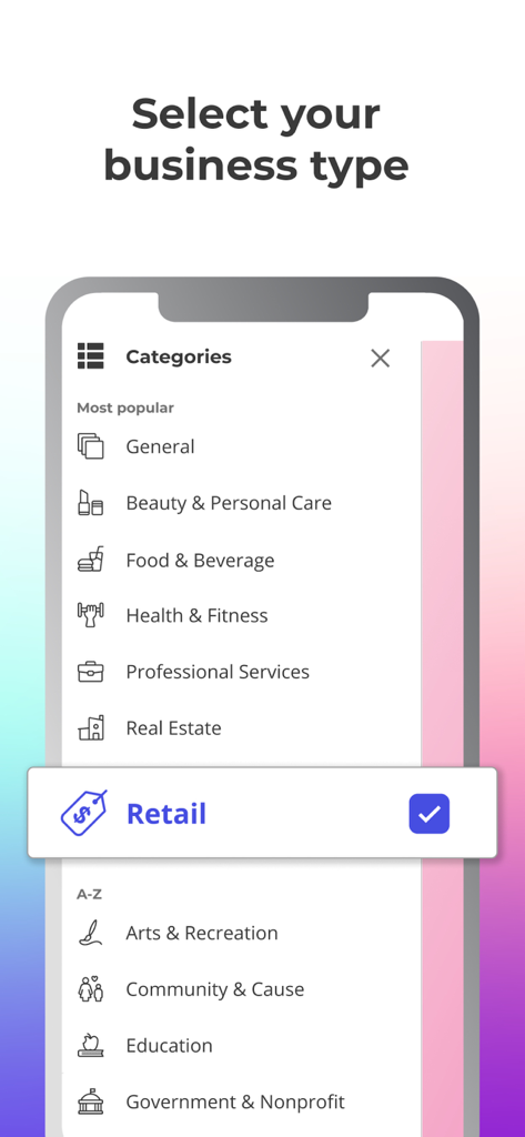 Ripl: Social Media Marketing - Ripl app screen showing a list of business categories like retail and real estate to customize marketing content.