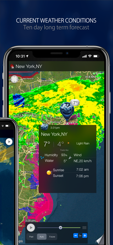 Radar MAX app displaying a weather radar map and current conditions for New York City on an iPhone