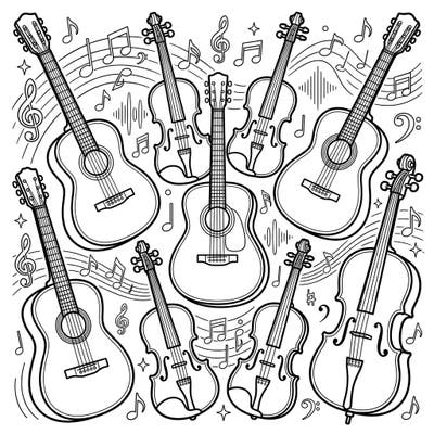 Dive into the melodious world of string instruments with this captivating coloring page. Featuring a delightful mix of guitars, violins, and cellos, it’s perfect for music lovers of all ages to express their creativity.