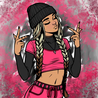 realistic teenage girl with braids and a beanie and crop top doing 🫶🏼