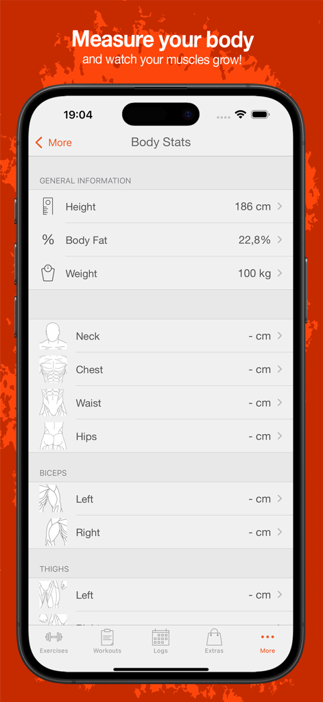 Fitness Point Pro: Home & Gym - Body Stats tracking screen in the Fitness Point Pro app showing weight and muscle measurements