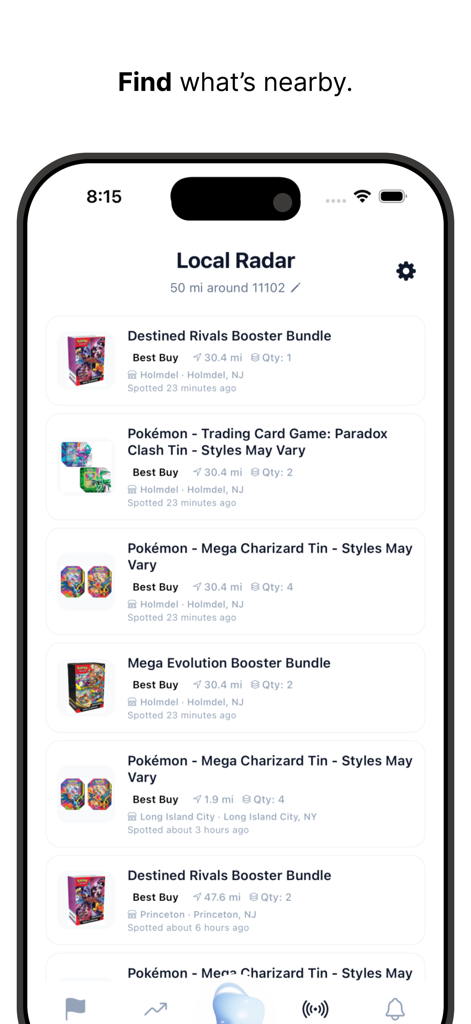 Guppy: Collector Copilot - Guppy app Local Radar screen showing inventory alerts for Pokemon cards at nearby stores