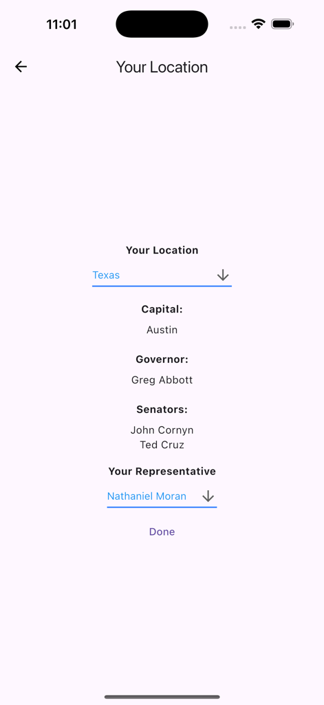 U.S. Citizenship Test Audio - US Citizenship Test app screen displaying Texas state government officials