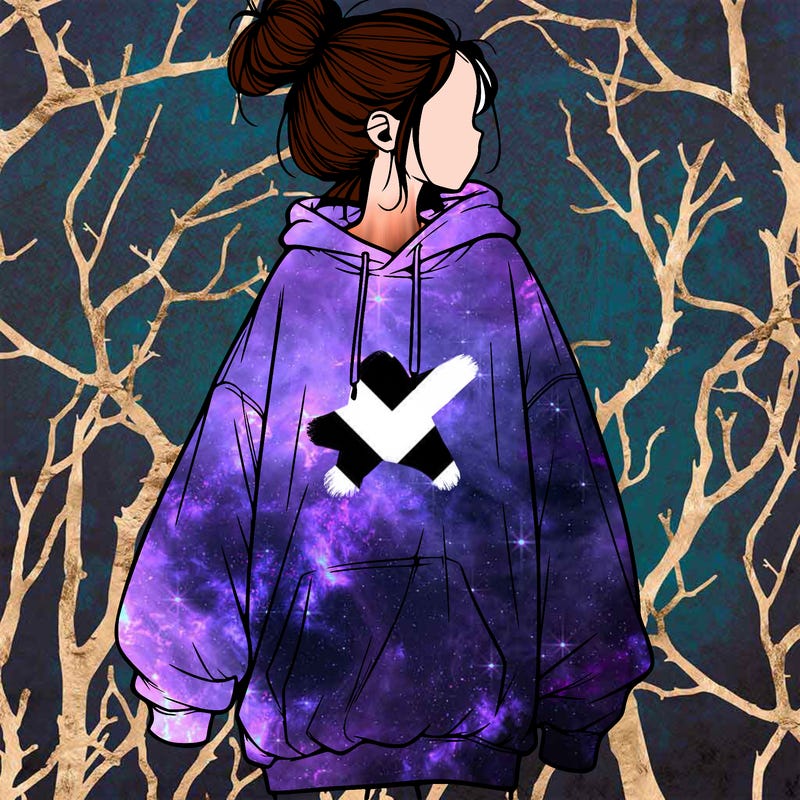 realistic girl with a oversized sweatshirt on and a bun