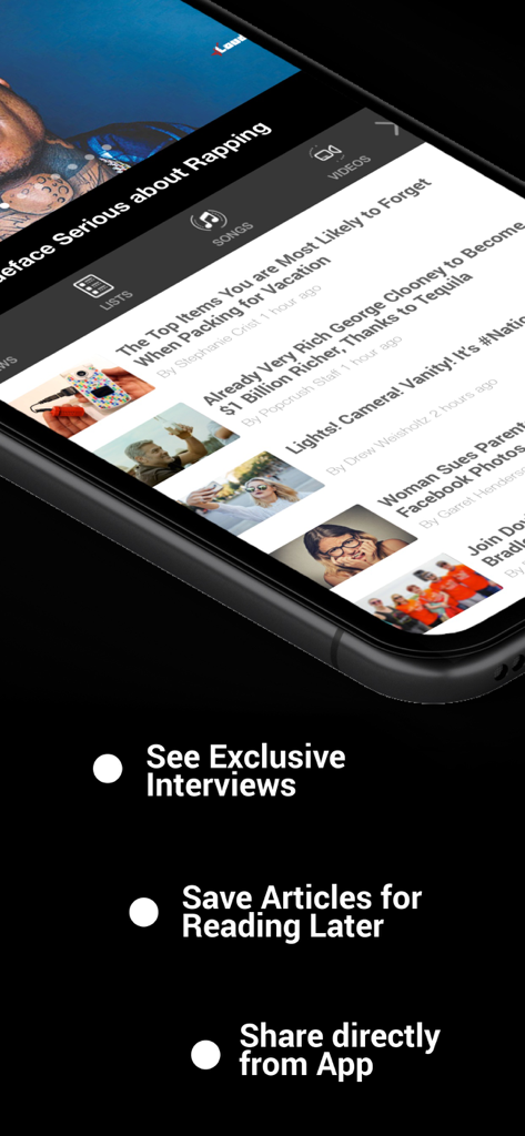 Pantalla móvil de la aplicación XXL Mag que muestra un feed de noticias con artículos y destaca funciones como entrevistas exclusivas y la opción de guardar para después.