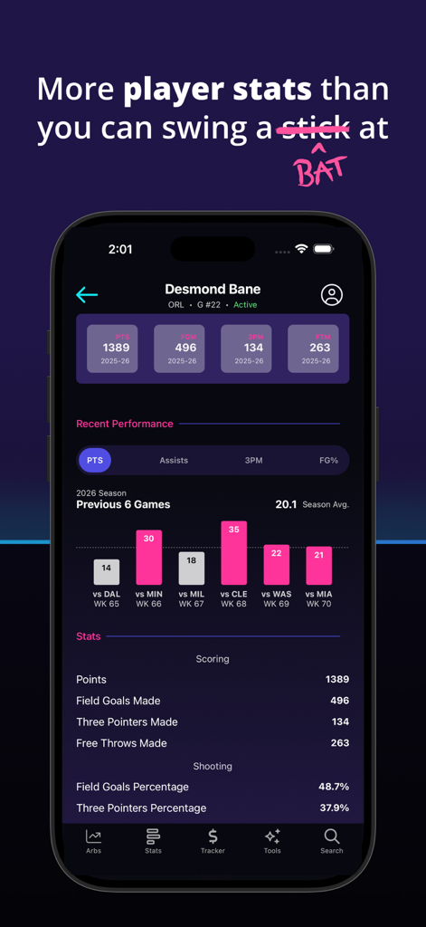 True Game Stats - A mobile app screen showing detailed basketball player statistics and a recent performance bar chart for sports betting analysis