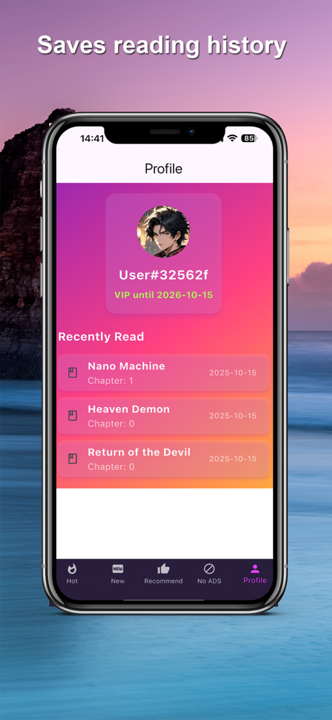 Read Manhwa Online - A profile screen from the Read Manhwa Online app displaying a users reading history and VIP status.