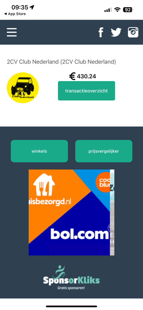 SponsorKliks App - Mobile dashboard of the SponsorKliks app displaying current donations and shopping links for a local club