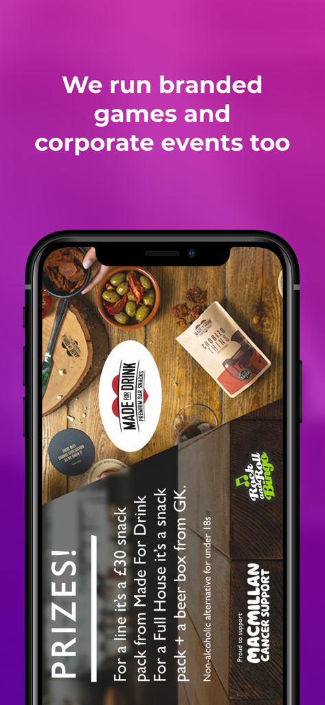 Rock and Roll Bingo Music Quiz - Rock and Roll Bingo app screen showing information about branded games corporate events and snack prizes