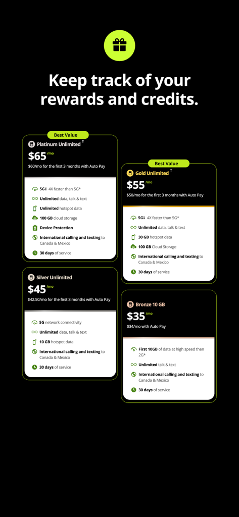 My Straight Talk: Mobile App - Straight Talk mobile plan comparison showing Platinum Gold Silver and Bronze monthly options