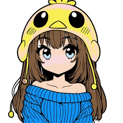 anime girl with chick shaped hat with sweater with bare shoulders with bangs covering them one eye with low tail