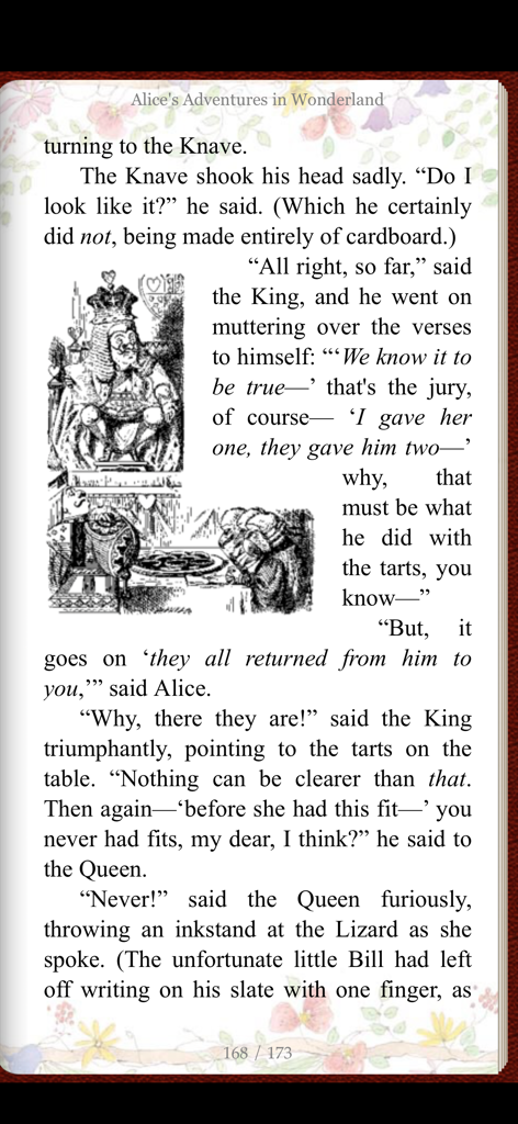 MapleRead CX - MapleRead CX app showing a page of Alice in Wonderland with a floral custom theme and a classic illustration
