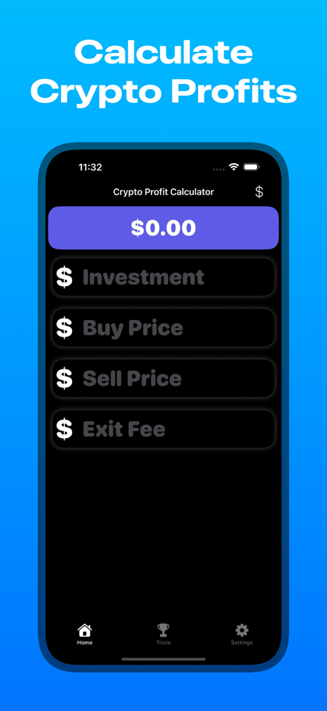 Dark mode interface of a crypto profit calculator app showing input fields for investment, buy price, and sell price.