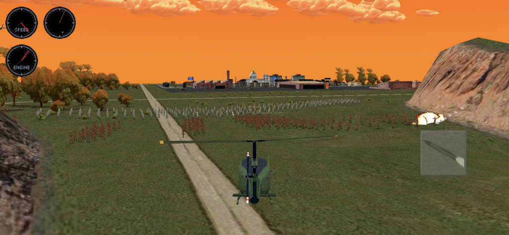 Zombie Battle 3D - A military helicopter flies over a battlefield where soldiers and zombies engage in a massive 3D combat simulation