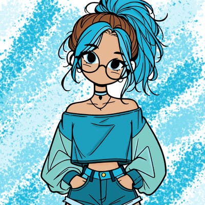 girl with a messy ponytail glasses a baggy crop top and jean shorts