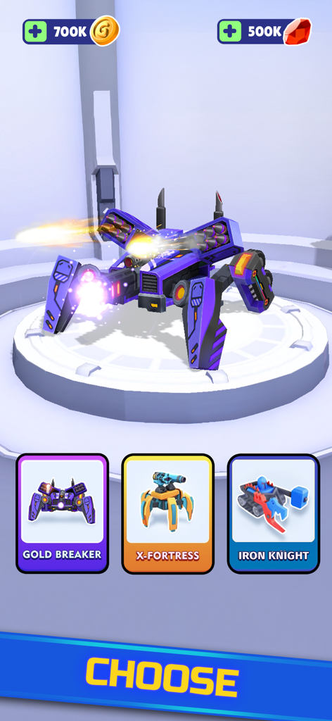 Pocket Bots: Battle Robots - 플레이어가 선택할 수 있도록 골드 브레이커 X-포트리스, 아이언 나이트라는 세 가지 다른 맞춤 설정 가능한 로봇을 보여주는 포켓봇 배틀 로봇의 메뉴 화면.