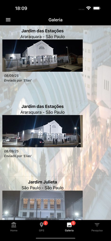 Relatório CCB - Seção de galeria no aplicativo Relatorio CCB exibindo fotos de edifícios de congregações de igrejas enviadas pela comunidade