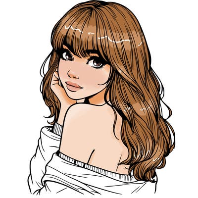 realistic girl with bangs looking over her shoulder