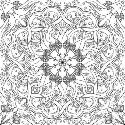 Discover the calming flow of our Mudpuppy Mandala coloring page, an intricate design featuring adorable mudpuppies nestled within a symmetrical aquatic pattern. This unique template offers a delightful challenge for colorists of all ages, blending nature's charm with geometric precision.