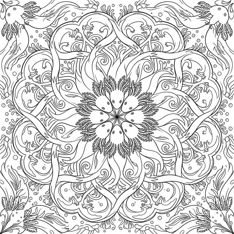 Discover the calming flow of our Mudpuppy Mandala coloring page, an intricate design featuring adorable mudpuppies nestled within a symmetrical aquatic pattern. This unique template offers a delightful challenge for colorists of all ages, blending nature's charm with geometric precision.