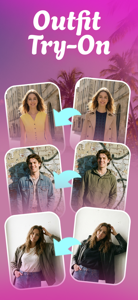 AI Clothes Changer - CLOZO - Before and after examples of men and women using the CLOZO AI app to virtually change their outfits.