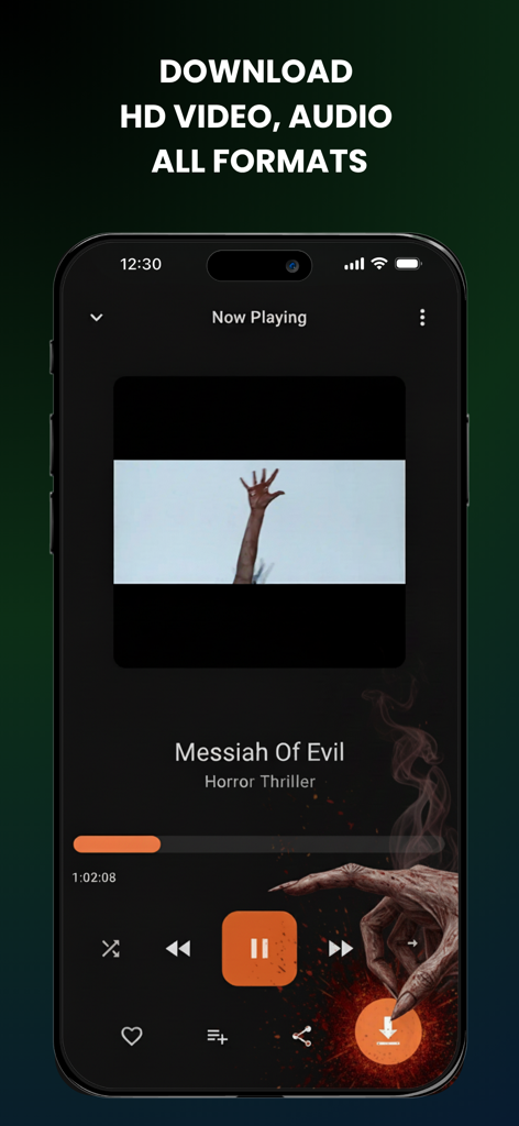 Interface do reprodutor de mídia FreePlay mostrando um filme sendo reproduzido com um grande botão de download para visualização offline