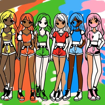 a group of girls wearing crop tops and shorts