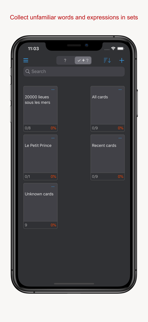 Interfaccia dell'iPhone che mostra set di flashcard organizzati per parole di vocabolario da libri come Le Petit Prince e 20000 leghe sotto i mari.