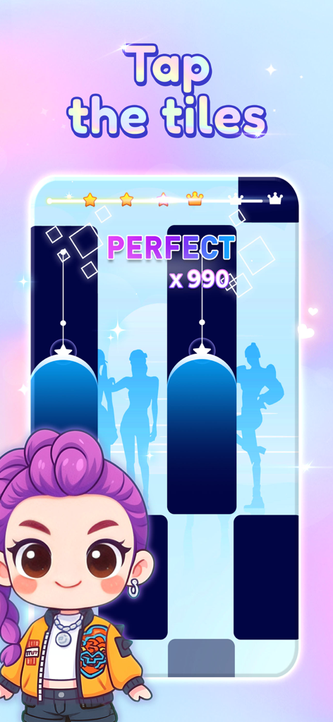KPOP Piano Beat: Music Game - Um personagem chibi em uma jaqueta laranja em uma tela de jogo de música com peças de piano verticais e o texto Toque nas peças.