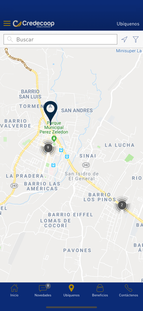 Credecoop en Línea - Vista de mapa dentro de la aplicación Credecoop en Línea que muestra la ubicación de sucursales físicas y puntos de servicio en Costa Rica.
