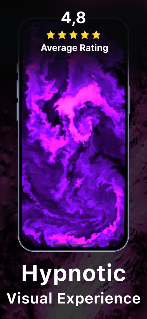 Una pantalla de teléfono inteligente que muestra una simulación de fluido hipnótica morada y rosa con una calificación promedio de 4.8 estrellas