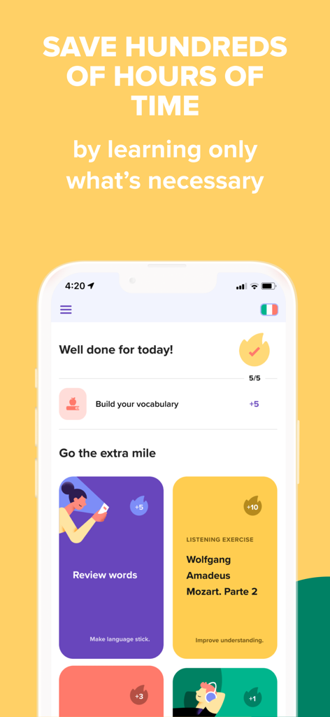 Speakly app interface showing a daily progress dashboard with vocabulary building and listening exercises