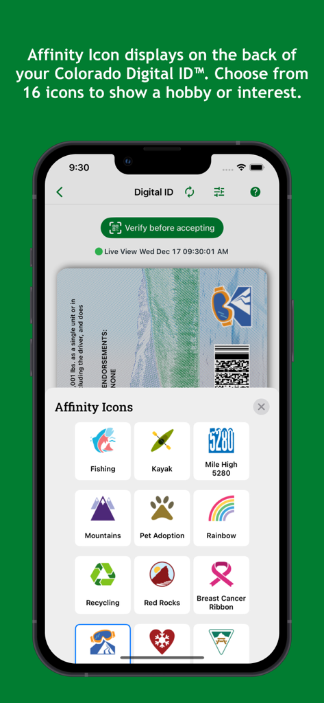 myColorado™ - Pantalla de la aplicación myColorado que muestra iconos de afinidad seleccionables para personalizar una identificación digital