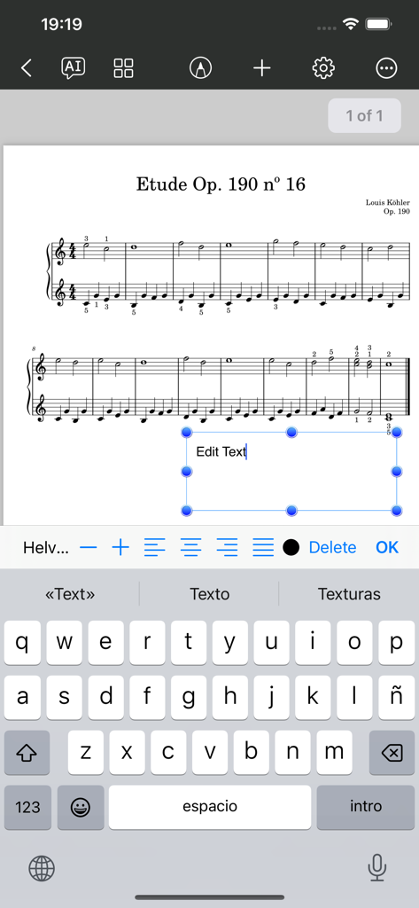 Sheet Music - Composer,Scanner - Interfaz de la app Partituras mostrando una caja de texto para anotaciones en una partitura clásica