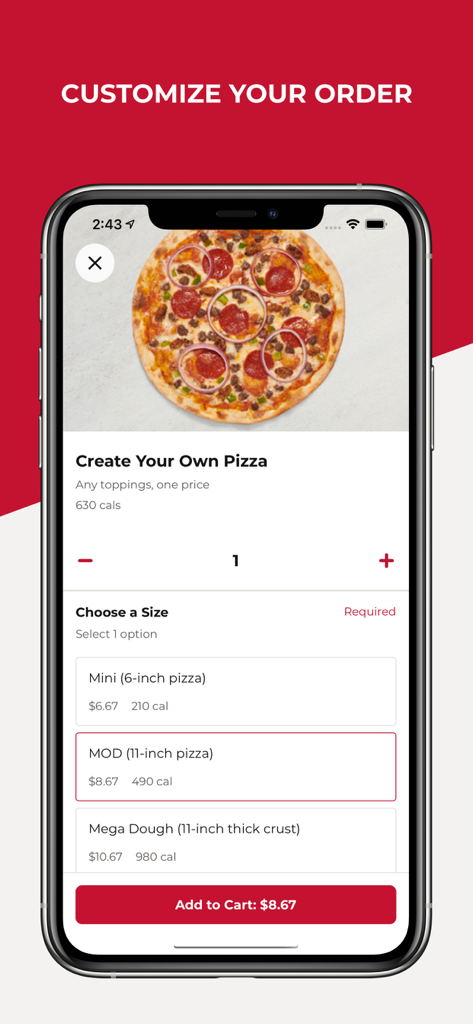 MOD Pizza App-Oberfläche zur Erstellung einer individuellen Pizza mit Optionen zur Größenauswahl.