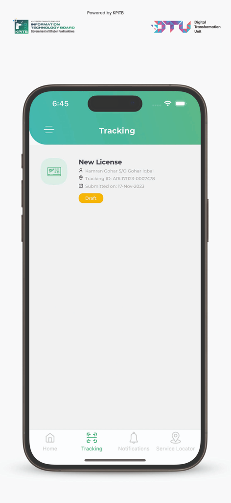 Dastak App - Dastak app interface showing the status of a new license application in the tracking section.