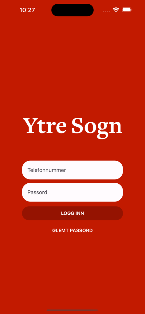Pantalla de inicio de sesión para la aplicación de noticias móviles Ytre Sogn