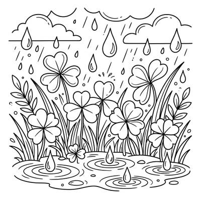 Embrace the tranquility of a rainy day with this beautiful coloring page featuring lush shamrock leaves. Discover the charm of gentle raindrops and sparkling puddles as you bring this serene scene to life.